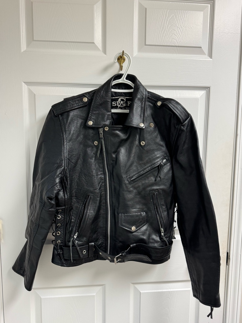 Shaf Men's Black Leather Bomber-Style Motorcycle Jacket Heavy Smoke Smell